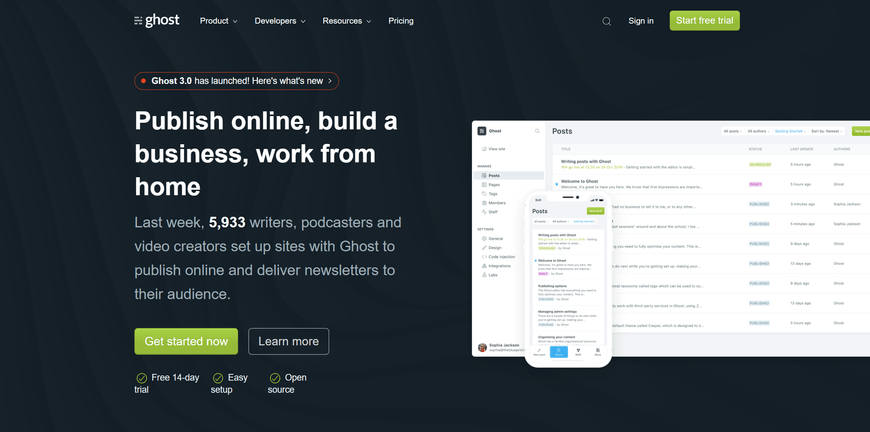 Ghost makes blog publishing fast and easy.