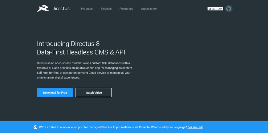 Directus is an open-source CMS supporting custom SQL database solutions.