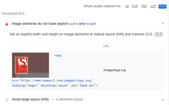 Sample recommendation for improving our website's CLS from PageSpeed/Lighthouse report